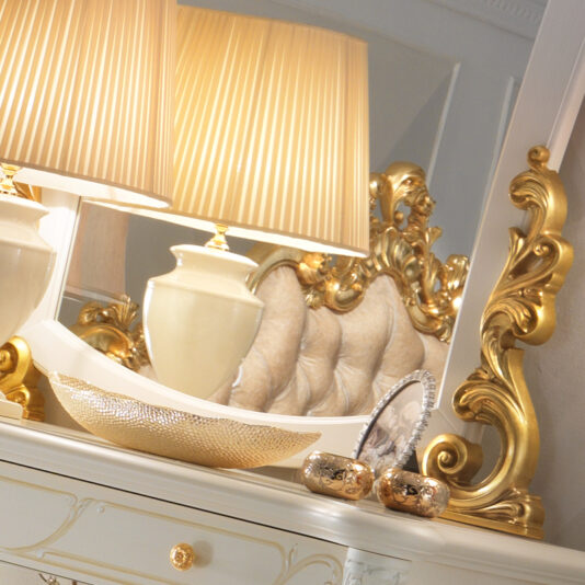 Captivating Gold Leaf And White Ornate Chest Of Drawers and Mirror Set