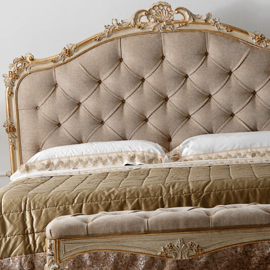 Carved Reproduction Rococo Italian Button Upholstered Bed Carved Reproduction Rococo Italian Button Upholstered Bed