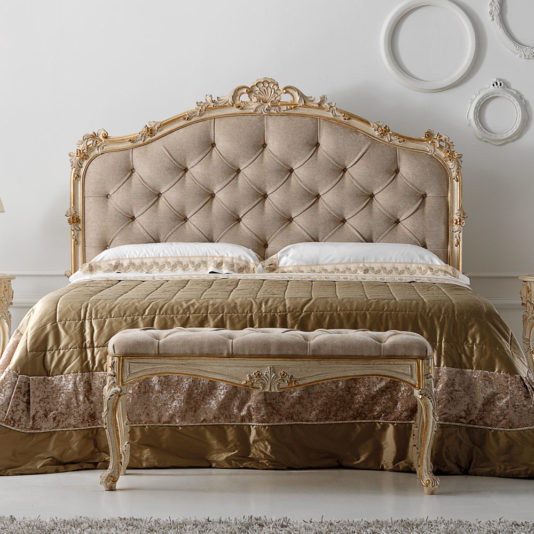 Carved Reproduction Rococo Italian Button Upholstered Bed