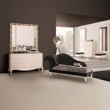 Modern Velvet Upholstered Chaise Longue Luxury White Lacquered Three Drawer Chest