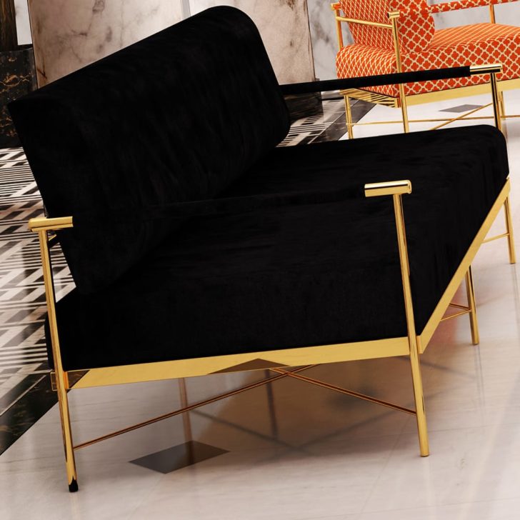 Chic Contemporary Velvet Designer Polished Brass Sofa