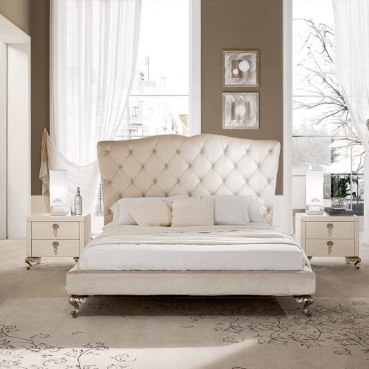 Classic Italian Button Upholstered Bed With Tall Headboard Classic Italian Button Upholstered Bed With Tall Headboard