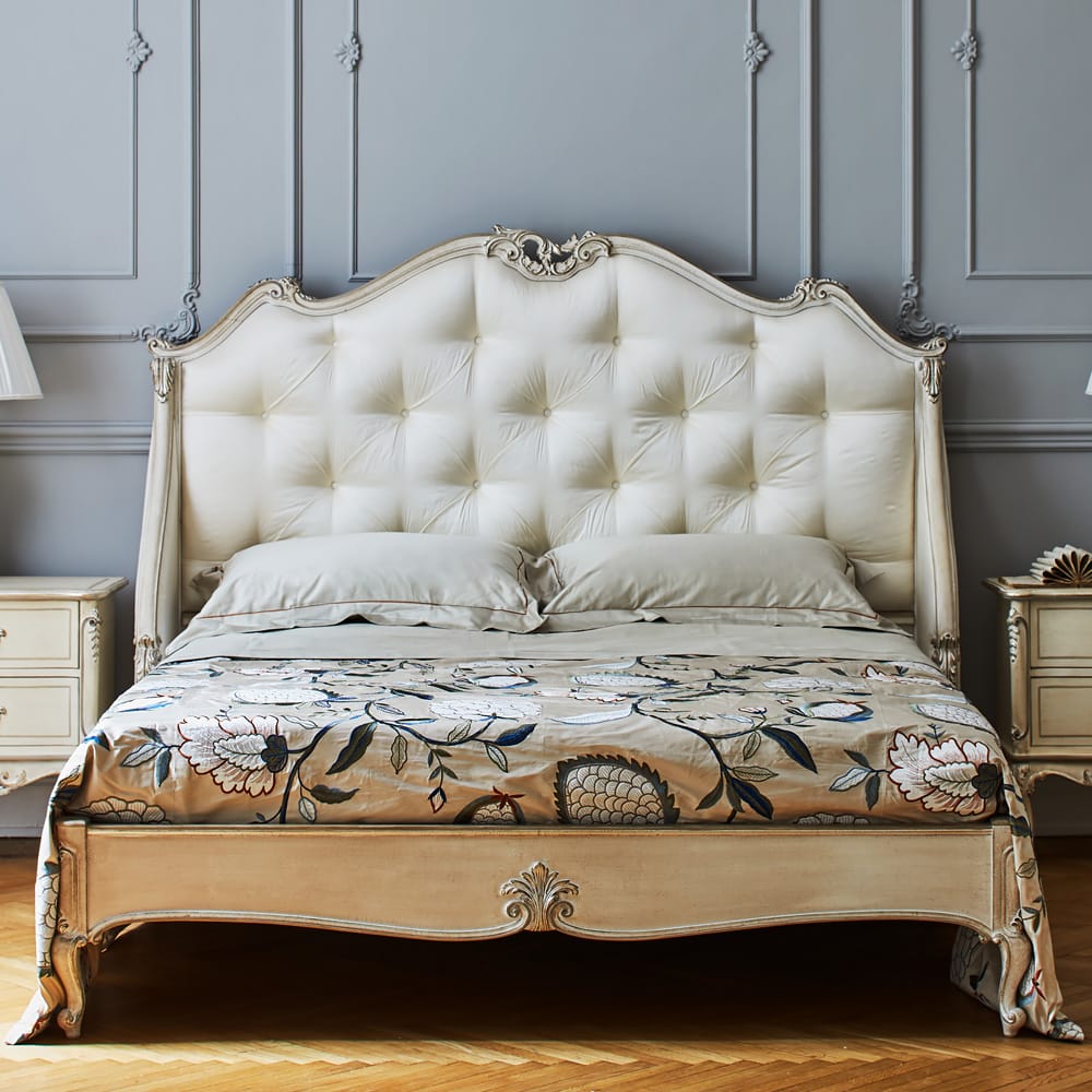 Classic Italian Designer Button Upholstered Winged Bed