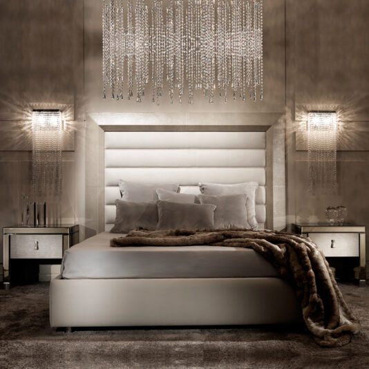 Modern Mirrored Embossed Leather Bedside Table Contemporary Alligator Embossed Pattern Leather Italian Designer Bed