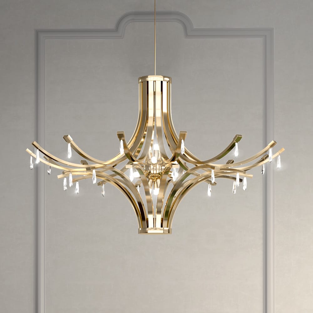 Contemporary Gold Plated Chandelier With Crystal Drops
