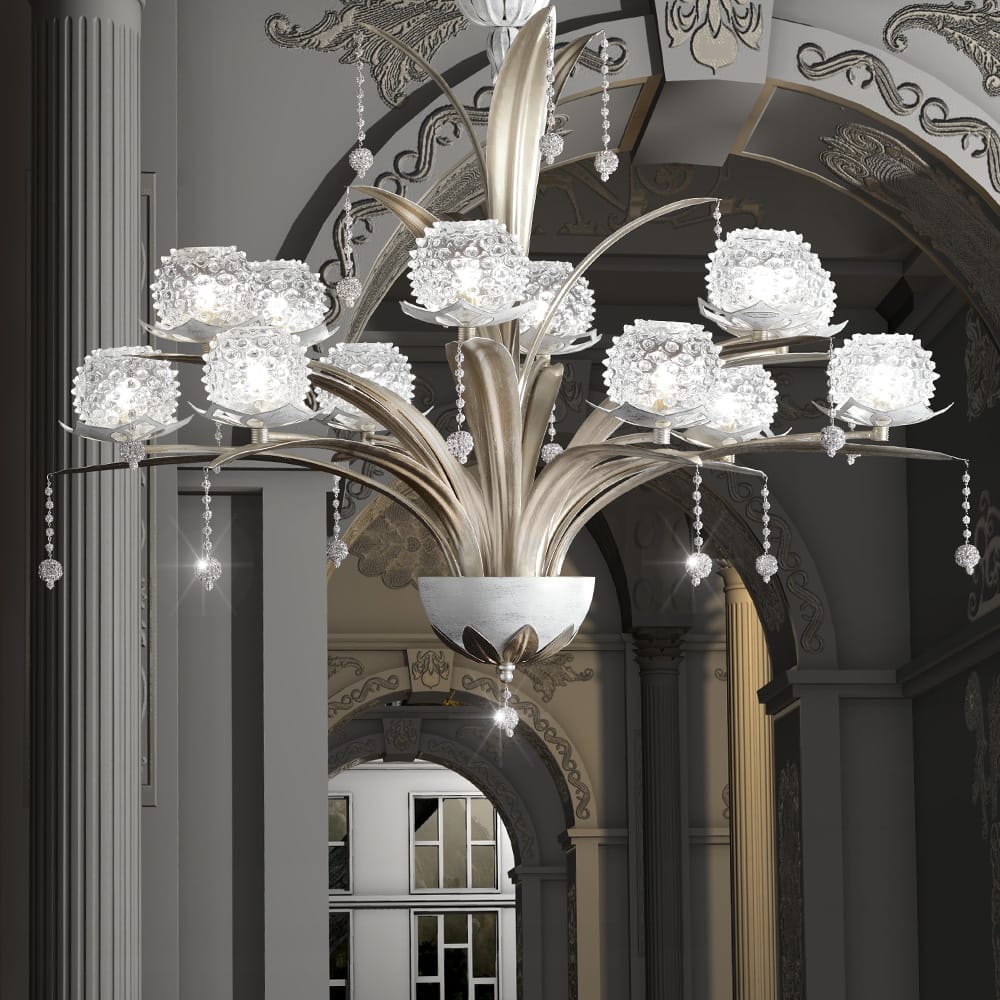 Contemporary Italian Riccio Glass And Strass Crystal Drops Chandelier