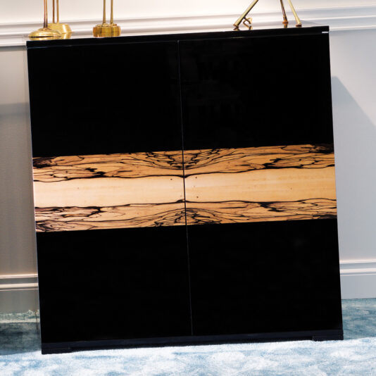 Contemporary Luxury Italian Cabinet The Contemporary Luxury Italian Cabinet, characterized by its sophisticated black finish and a unique horizontal wooden stripe with a natural, textured pattern across the front, stands elegantly against a light grey wall. The lower portion is settled on a blue carpeted floor, with decorative items thoughtfully placed on top.
