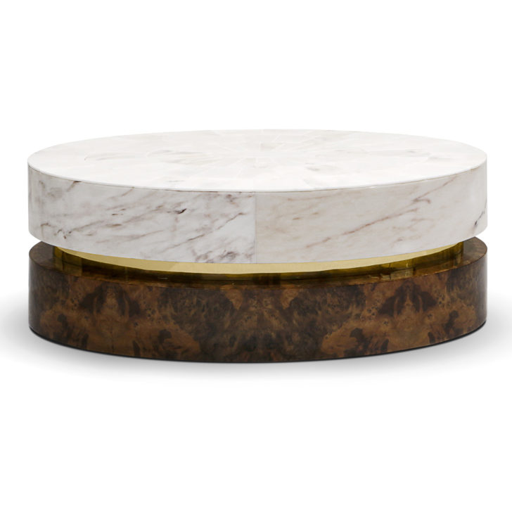 Contemporary Marble Gold Walnut Veneer Oval Designer Coffee Table