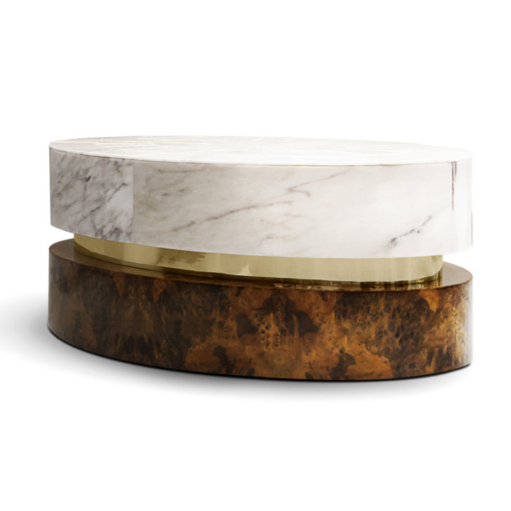 Contemporary Marble Gold Walnut Veneer Oval Designer Coffee Table