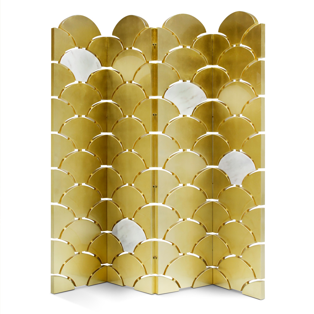 Contemporary Scalloped Gold Leaf And Marble Folding Dressing Screen