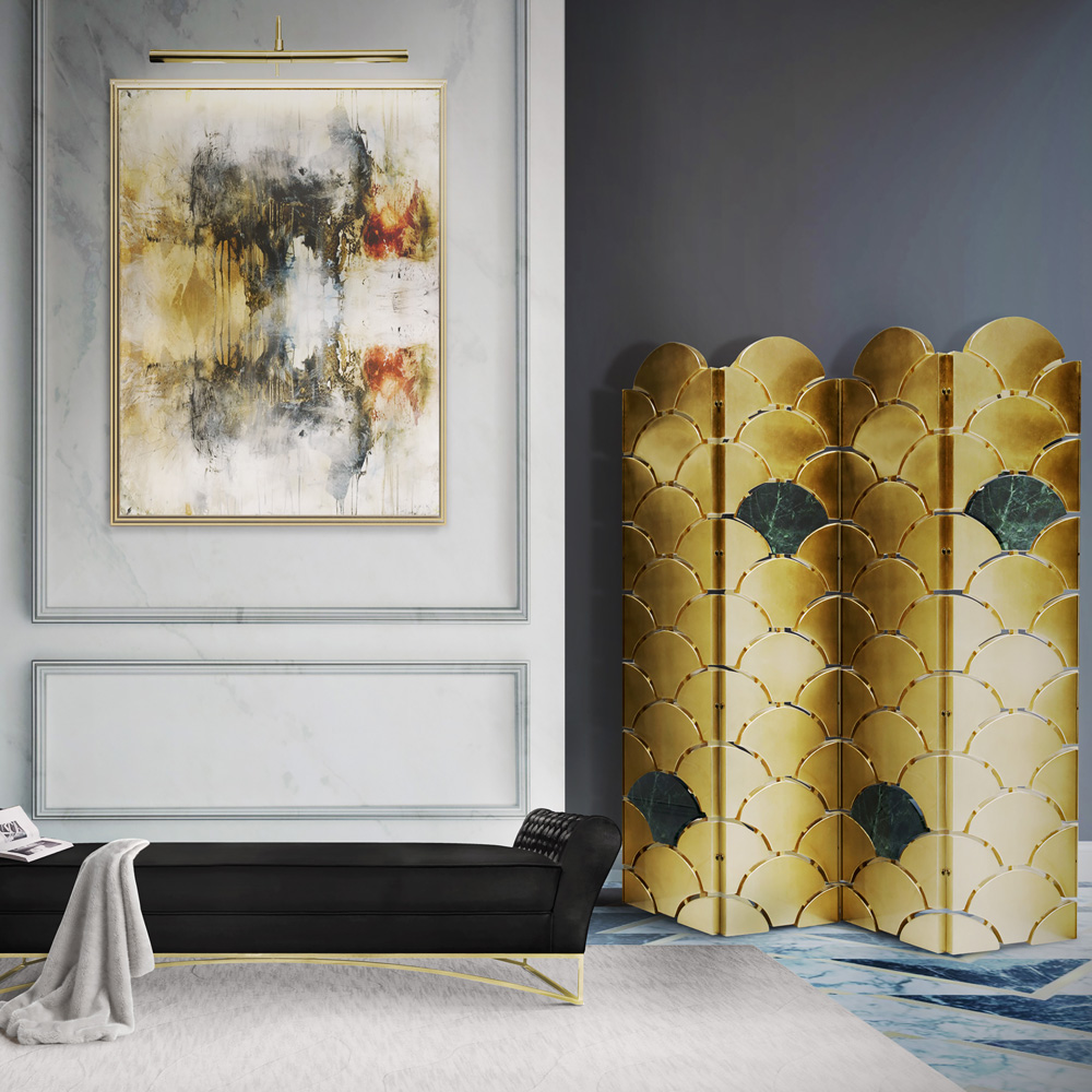 Contemporary Scalloped Gold Leaf And Marble Folding Dressing Screen