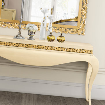 Exclusive Large Square Designer Gold Leaf Mirror Luxury Cream Lacquered Console Table