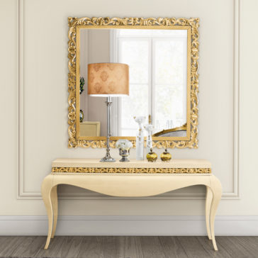 Exclusive Large Square Designer Gold Leaf Mirror Luxury Cream Lacquered Console Table