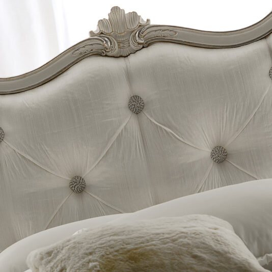 Curved White Designer Italian Silk Button Upholstered Bed Curved White Designer Italian Silk Button Upholstered Bed