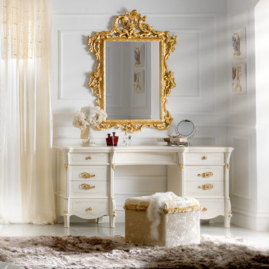 Luxurious Ivory and Gold Leaf Dressing Table Designer Ivory and Gold Leaf Dressing Table And Mirror Set