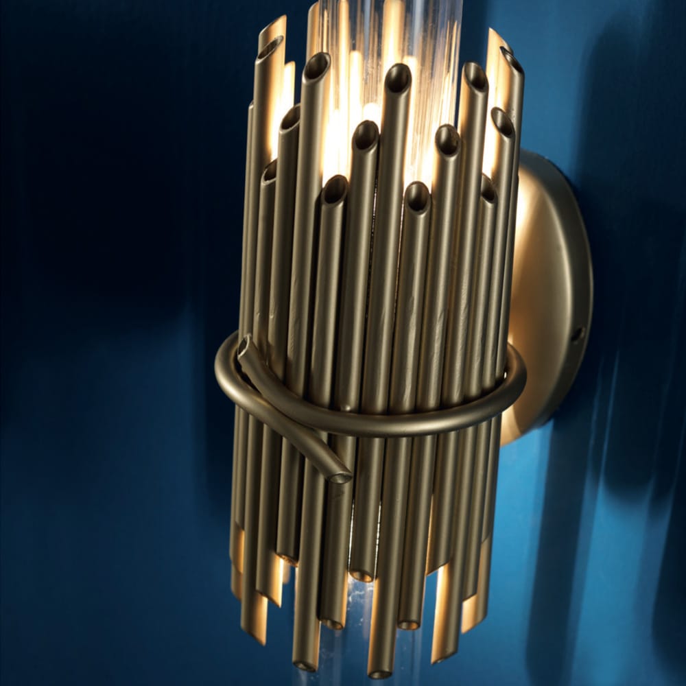 Designer Antiqued Brass Italian Wall Light With Glass Cylinder