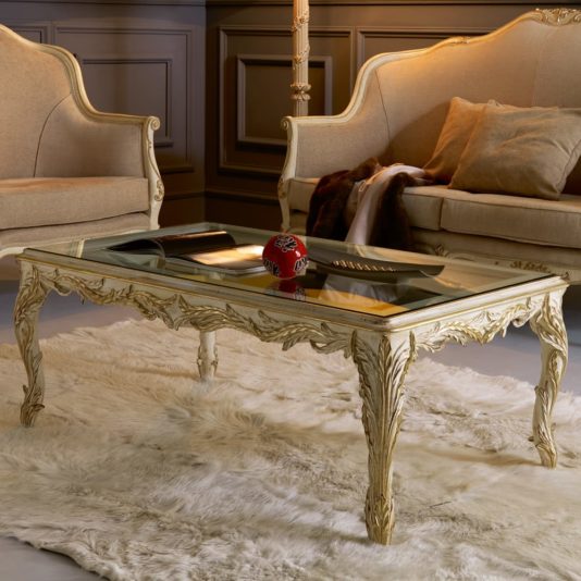Italian Rectangular Glass Coffee Table With Ornate Carvings