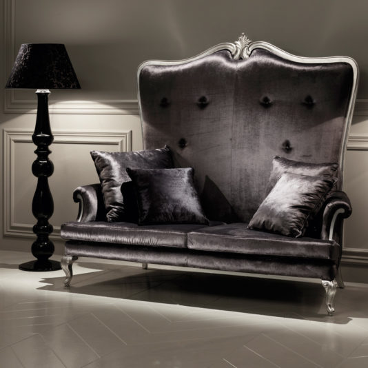 Designer Italian Silver Leaf Velvet High Backed Sofa