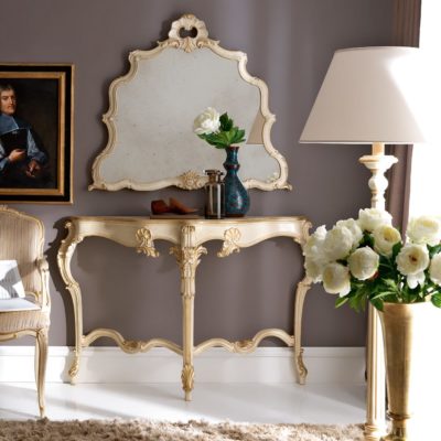 Console Murale Baroque Blanche - Miroir Rétro, 31x21x12 Cm, Fabrication Italienne