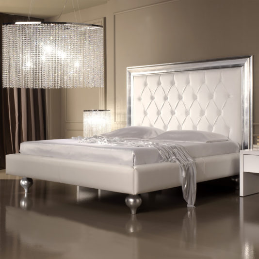 Designer Italian White Leather Button Upholstered Bed