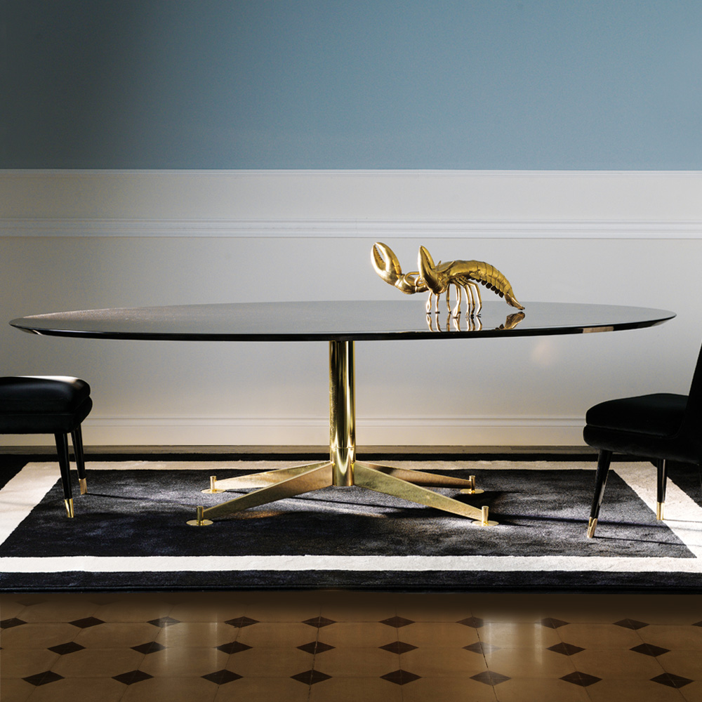 Designer Macassar Veneer Brass Oval Dining Table