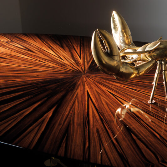 Designer Macassar Veneer Brass Oval Dining Table