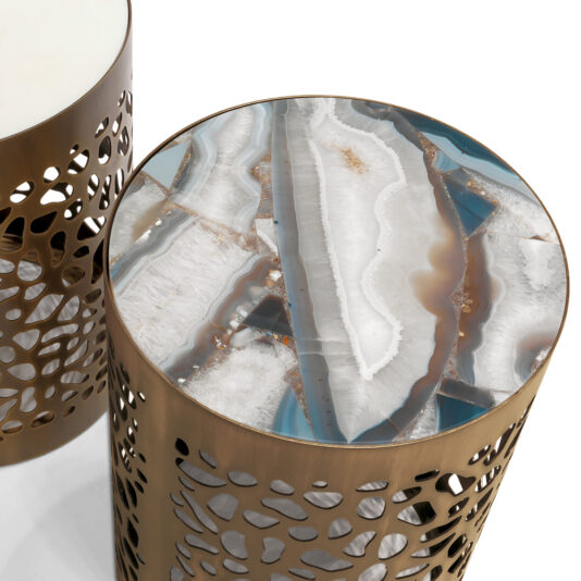 Italian Designer Laser Cut Bronzed Metal Marble Side Table Marble Italian Designer Modern Laser Cut Brass Side Table