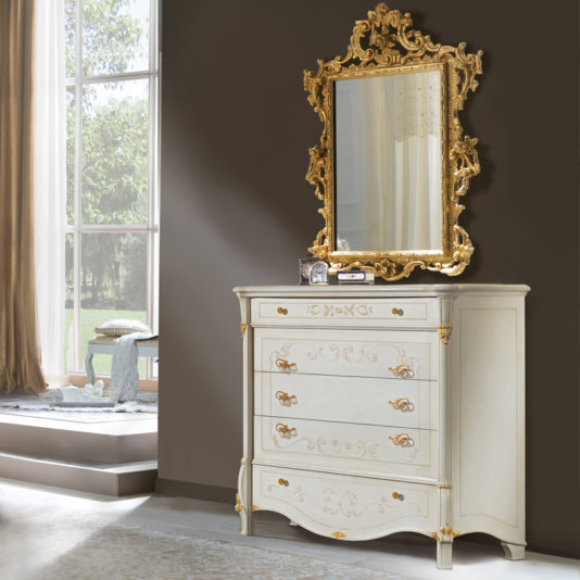 Elegant Ivory and Gold Leaf Chest Of Drawers and Mirror Set