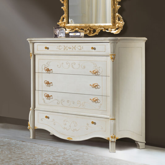 Elegant Italian Ivory and Gold Leaf Chest Of Drawers and Mirror Set