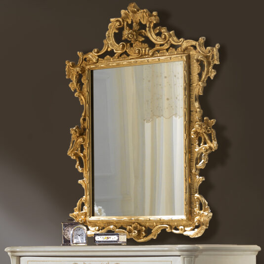 Elegant Italian Ivory and Gold Leaf Chest Of Drawers and Mirror Set