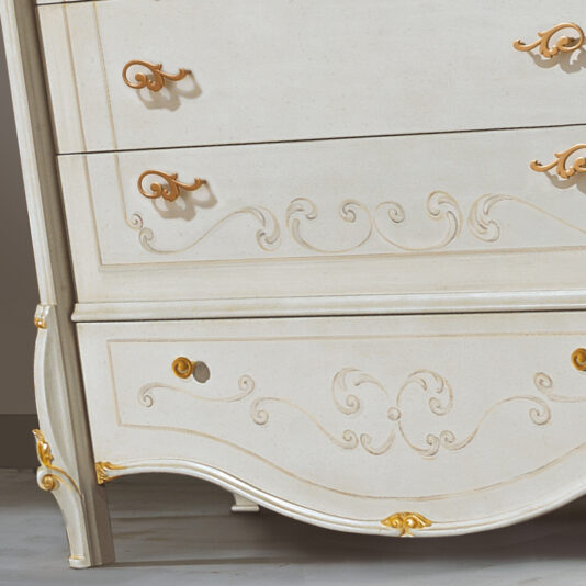 Elegant Italian Ivory and Gold Leaf Chest Of Drawers and Mirror Set