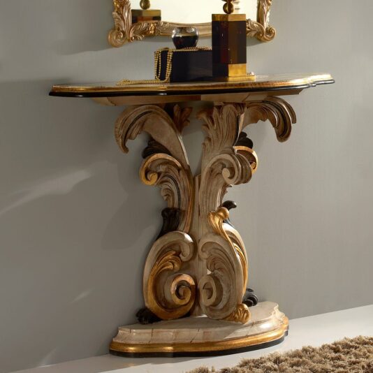 Exclusive Italian Demi Lune Marble Effect Ornate Console Table And Mirror