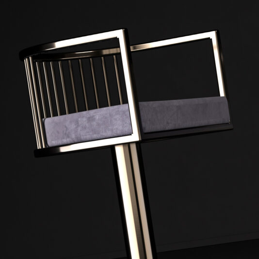 Exclusive Modern High End Swivel Bar Stool Introducing the Exclusive Modern High-End Swivel Bar Stool: a sleek, contemporary piece boasting a shiny metallic frame and a plush, dark gray cushion. Designed with vertical metal bars along the backrest, this sophisticated stool is showcased against a solid black backdrop.