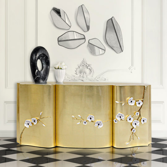 Exclusive Swarovski Crystal Orchid Gold Leaf Sideboard