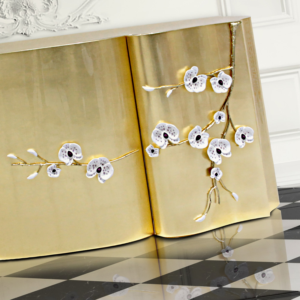 Exclusive Crystal Orchid Gold Leaf Sideboard