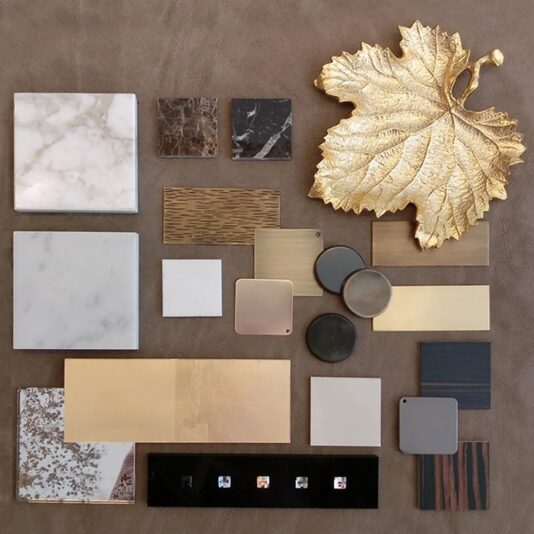Design School Booking Interior Design Course, mood board showing luxury furniture marble and metallic finishes