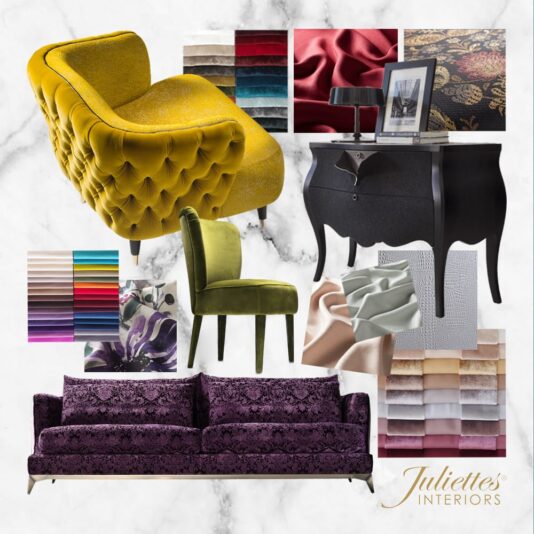 Design School Booking Interior Design Course, mood board, luxury furniture, fabric swatches, sofa, chairs, dressing table