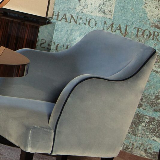 High End Designer Egg-Shell Blue Velvet Dining Armchair