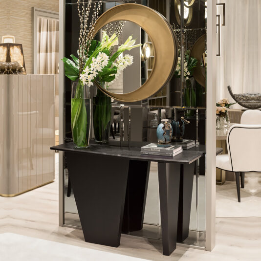 Italian Designer Lacewood Console Table And Mirror Set