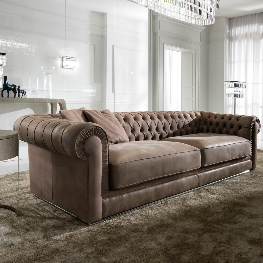 High End Italian Nubuck Leather Button Upholstered Sofa