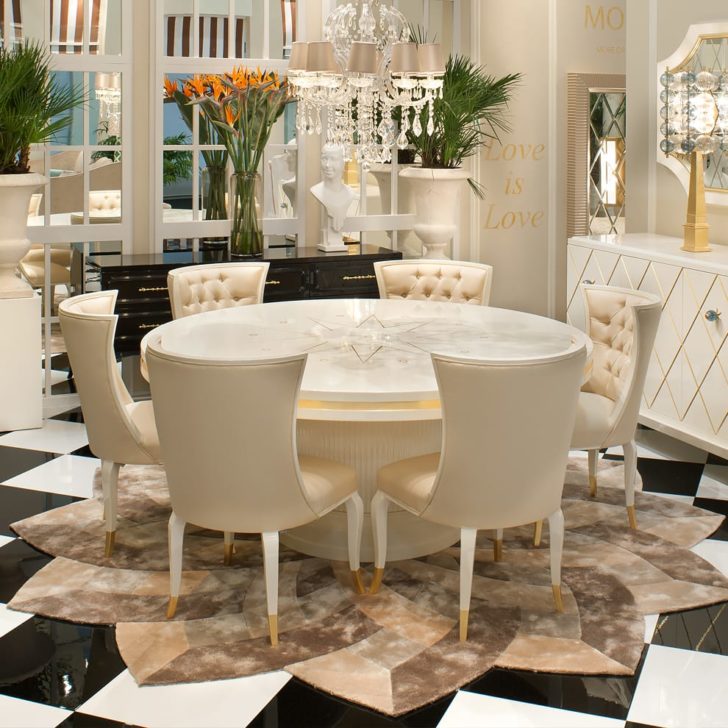 High End Modern Ivory Lacquered Round, Round Dining Room Table With Leaf Modern