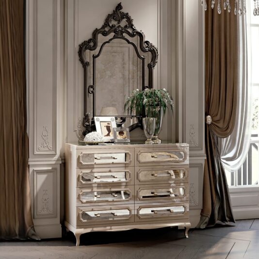 High End Reproduction Black Baroque Mirror High End Modern White Lacquered Mirrored Drawers