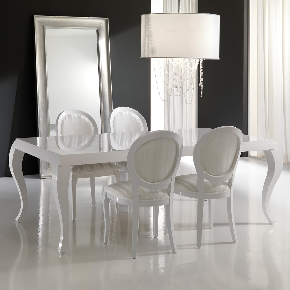 High Gloss White Lacquered Dining Table and Chairs Set