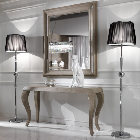 Chrome Contemporary Designer Italian Floor Lamp Italian Alligator Embossed Pattern Leather Console and Mirror Set