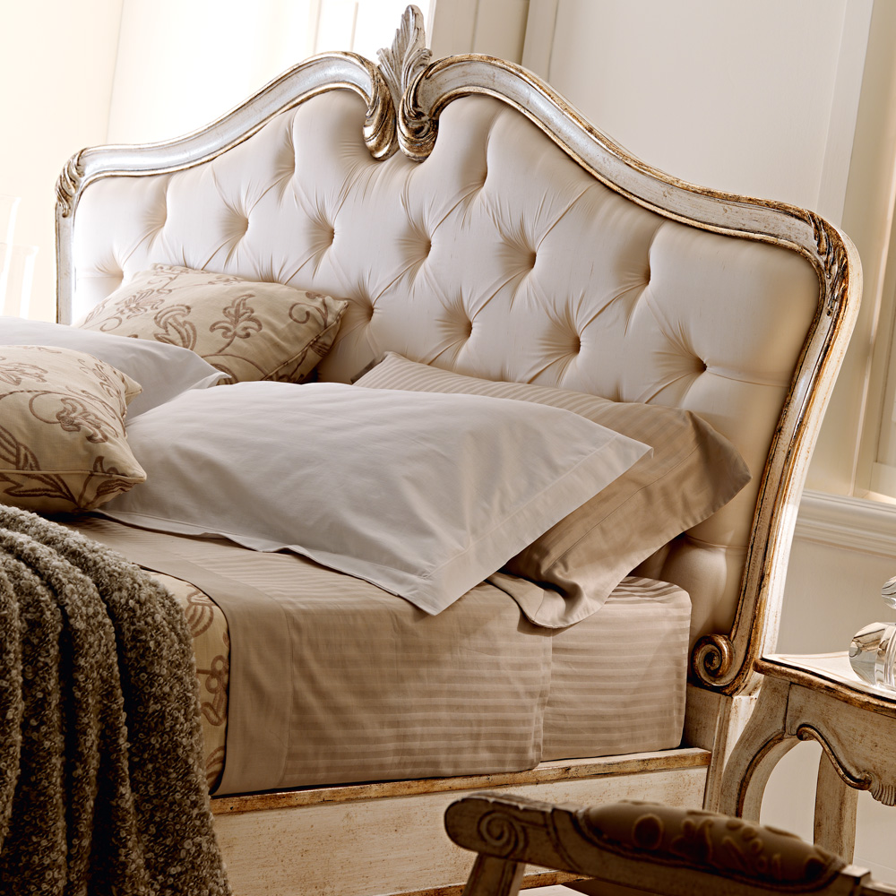 Italian Antiqued Gold Silk Button Upholstered Bed