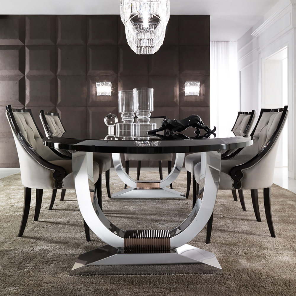 Italian Black Lacquered Chrome Oval Dining Set