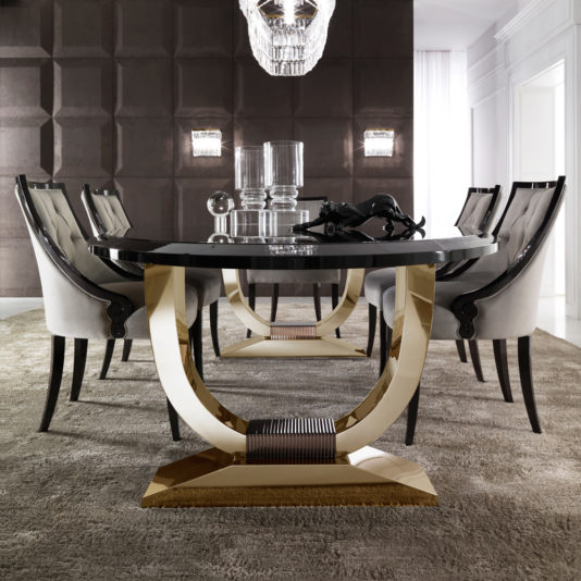 Italian Black Lacquered Gold Oval Dining Set