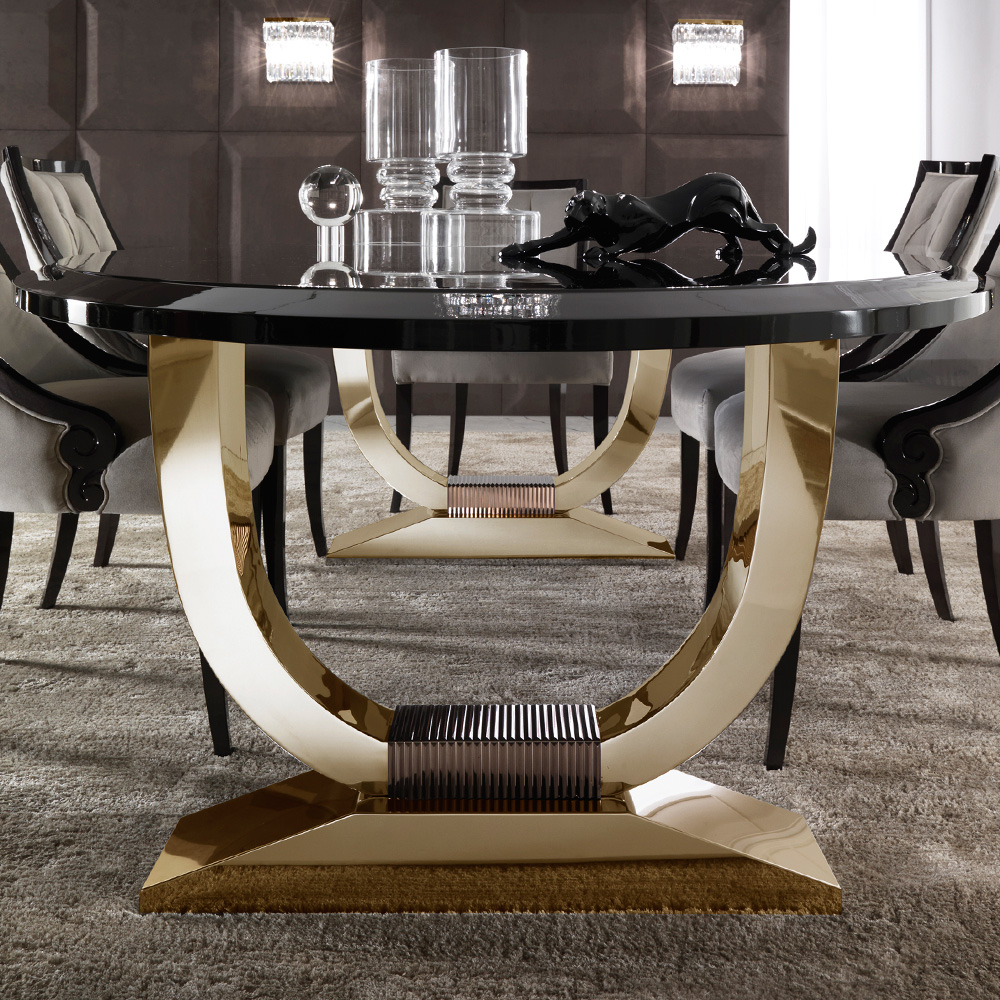 Italian Black Lacquered Gold Oval Dining Table