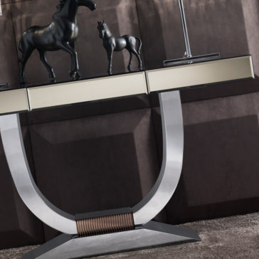 Italian Bronze Mirrored Glass Console Italian Designer Soft Nubuck Leather Pouf