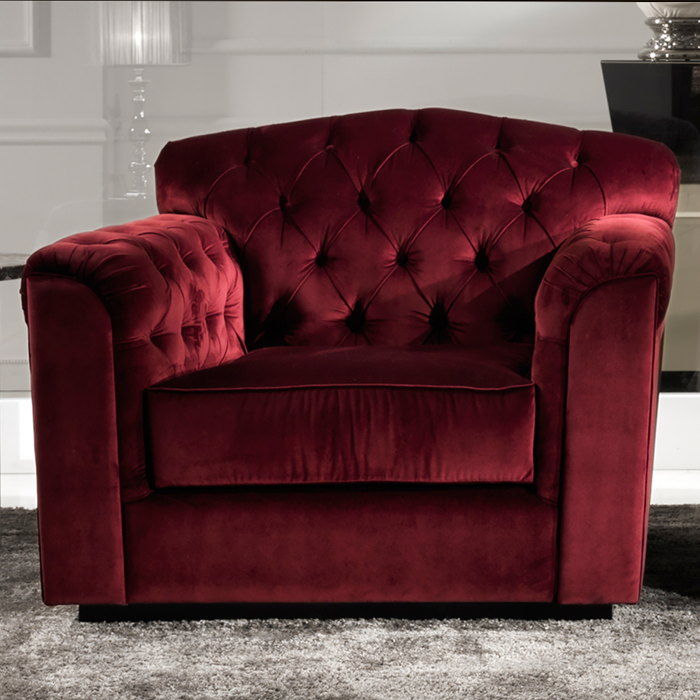 Italian Button Upholstered Crimson Red Velvet Armchair